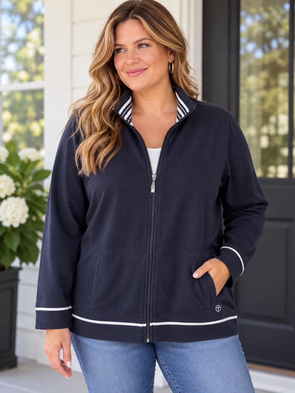 T by Talbots Women’s 1X Navy Full Zip Jacket Cotton Stretch Striped Trim